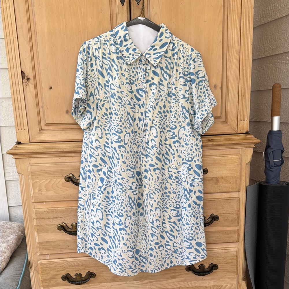 Blue and White Animal Print Shirt Dress